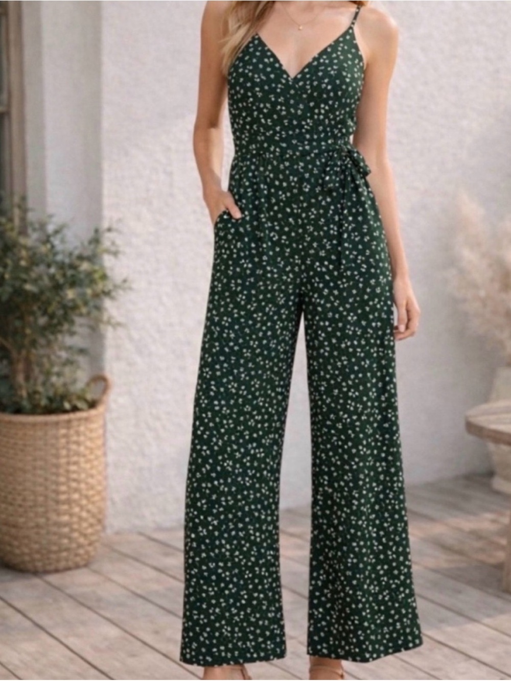 Kaileigh Forest Green Floral Tie-Waist Wide-Leg Jumpsuit